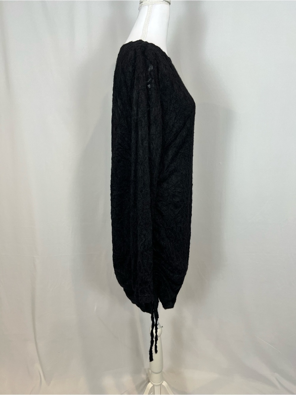 Long-Sleeve Black Lace Knit Dress with Side Ruched Tie - Picture 8 of 16